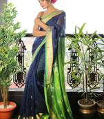 Navy Blue Pure Linen Saree With Green Pallu And Zari Border