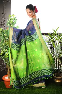 Navy Blue Pure Linen Saree With Green Pallu And Zari Border 2