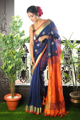 Navy Blue Pure Linen Saree With Orange Pallu And Zari Border 1