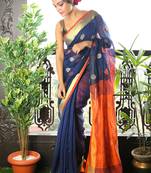 Navy Blue Pure Linen Saree With Orange Pallu And Zari Border