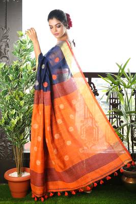 Navy Blue Pure Linen Saree With Orange Pallu And Zari Border 2
