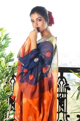 Navy Blue Pure Linen Saree With Orange Pallu And Zari Border 3