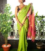 Light Green Pure Linen Saree With Pink Pallu And Zari Border
