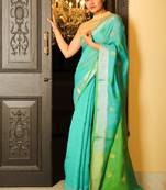 Sky Blue Pure Linen Saree With Light Green Pallu And Zari Border