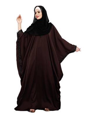 Justkartit Wine Color Plain Free Size Nida Abaya With Lace Work And Dupatta 1