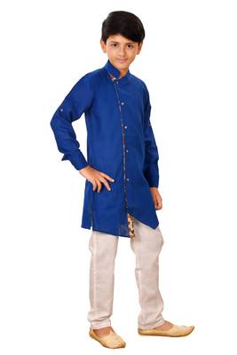 Blue plain cotton silk boys-kurta-pyjama 3