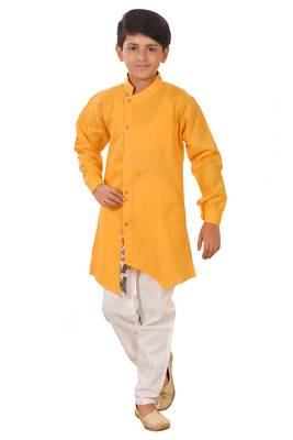 Yellow plain cotton silk boys-kurta-pyjama 1