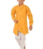 Yellow plain cotton silk boys-kurta-pyjama