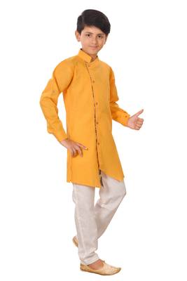 Yellow plain cotton silk boys-kurta-pyjama 3