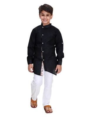 Black plain cotton silk boys-kurta-pyjama 1