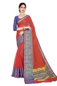 Pink Woven Cotton Silk Saree With Blouse