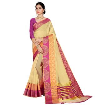 Beige woven cotton silk saree with blouse 1