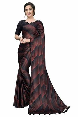 Wine printed silk blend saree with blouse 1