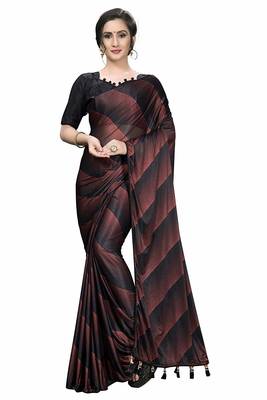 Wine printed silk blend saree with blouse 2