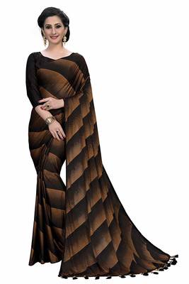 Brown printed silk blend saree with blouse 1
