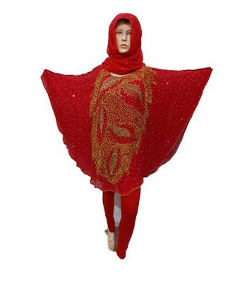 Red Color Handmade Poncho Syle Abya With Scarf And Legging 1