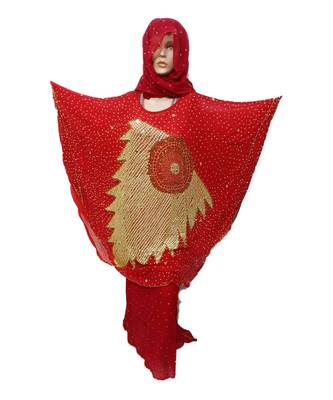Red  Color Handmade Poncho Syle Abya With Scarf And Legging 1