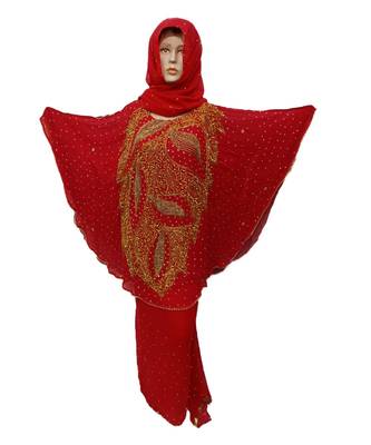 Red Color Handmade Poncho Syle Abya With Scarf And Wrapper 1