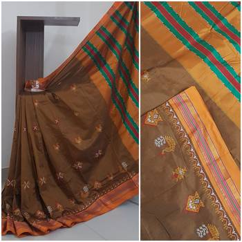 Brown ilkal with traditional kasuti embroidery 1