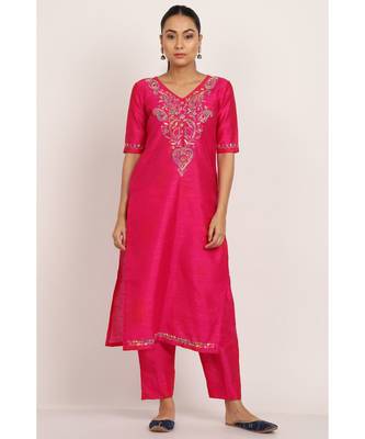 Pink Silk Chikankari kurti with multicolour thread work 1