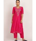Pink Silk Chikankari kurti with multicolour thread work