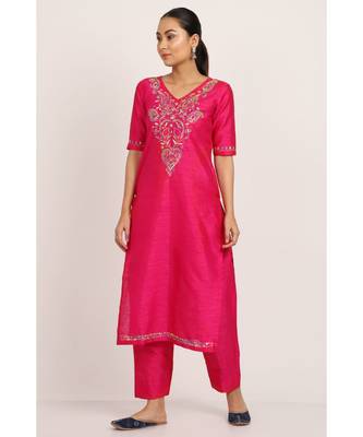 Pink Silk Chikankari kurti with multicolour thread work 3