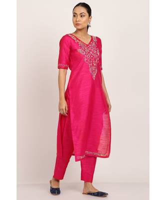 Pink Silk Chikankari kurti with multicolour thread work 4