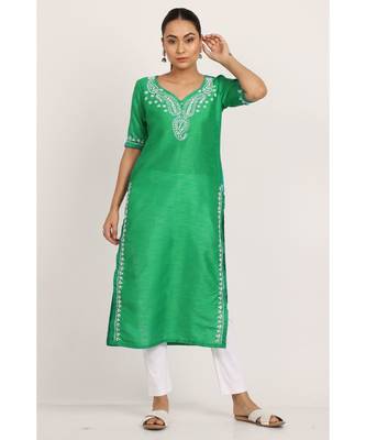 Green Silk Kurti With White Chikankari Work 1
