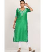 Green Silk Kurti With White Chikankari Work