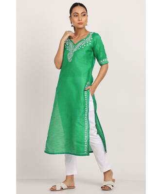 Green Silk Kurti With White Chikankari Work 2