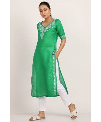 Green Silk Kurti With White Chikankari Work 3