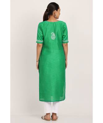 Green Silk Kurti With White Chikankari Work 4
