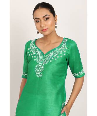 Green Silk Kurti With White Chikankari Work 5