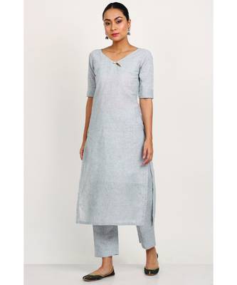 Light Grey Key hole Button Neck Kurti With Trousers 1
