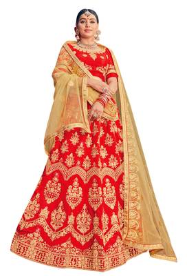 Red Embroidered Silk Semi Stitched Lehenga 1