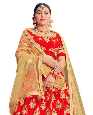 Red Embroidered Silk Semi Stitched Lehenga 3