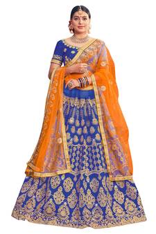 Blue Embroidered Art Silk Semi Stitched Lehenga