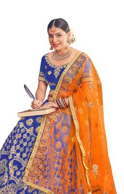 Blue Embroidered Art Silk Semi Stitched Lehenga 2