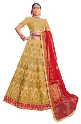 Beige Embroidered Silk Semi Stitched Lehenga 1