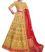 Beige Embroidered Silk Semi Stitched Lehenga