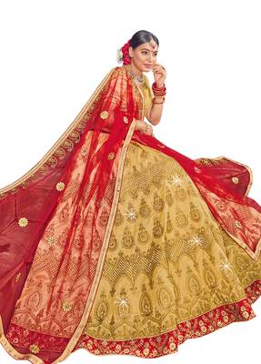 Beige Embroidered Silk Semi Stitched Lehenga 2