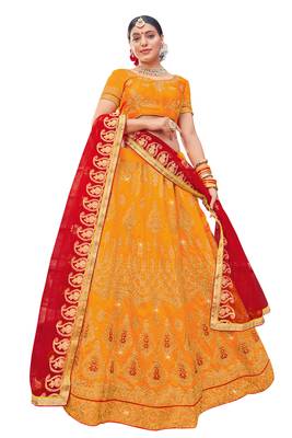 Yellow Embroidered Silk Semi Stitched Lehenga 1