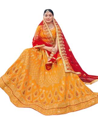 Yellow Embroidered Silk Semi Stitched Lehenga 2