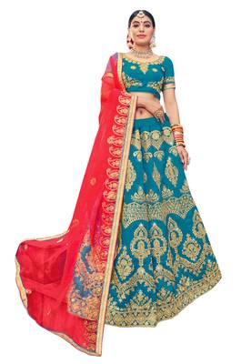 Sky-Blue Embroidered Silk Semi Stitched Lehenga 1