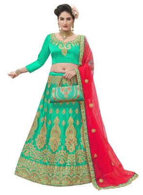 Green Embroidered Satin Semi Stitched Lehenga 1