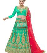 Green Embroidered Satin Semi Stitched Lehenga