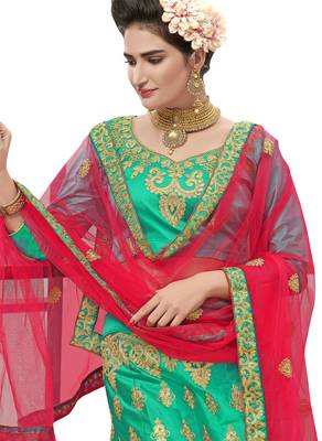 Green Embroidered Satin Semi Stitched Lehenga 2