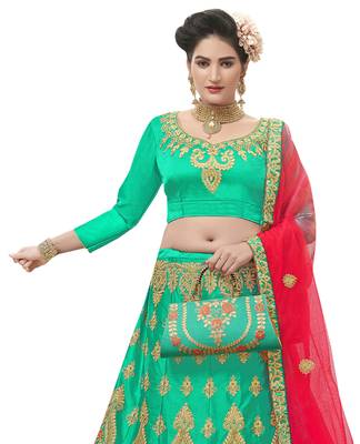 Green Embroidered Satin Semi Stitched Lehenga 3