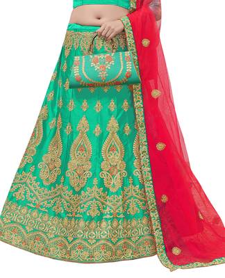 Green Embroidered Satin Semi Stitched Lehenga 4