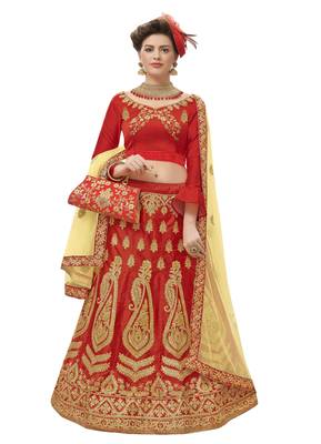 Red Embroidered Satin Semi Stitched Lehenga 1